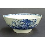 Early 19th century English blue and white porcelain pedestal bowl, decorated with pagodas and garden