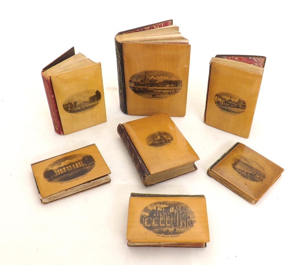 Mauchline ware small size books - decorated with transfers of Melrose Abbey, Moffat and others (7)