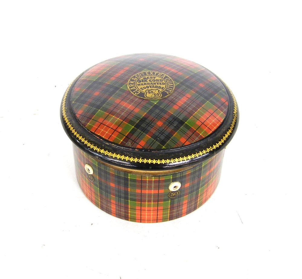 Tartan ware - Caledonia pattern circular thread box with Clark & Co. advertising to lid, 4"