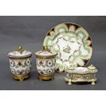 Sevres type porcelain standish with two lidded wells, gadrooned rims, painted with floral garlands