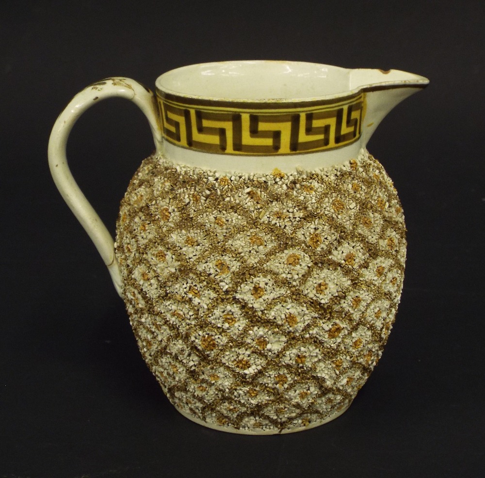 Antique creamware applied gravel jug, with hand painted Greek key border and geometric gravel