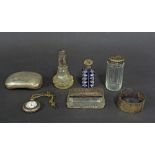 Mixed lot of silver to include a fob watch, engine turned hip shaped tobacco box, silver topped blue