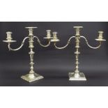 Quality pair of 20th century twin branch candelabra upon stepped bases with gadrooned bands, the