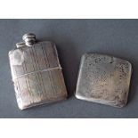 Engine turned silver hip flask, hallmarks rubbed; together with a silver hip shaped cigarette