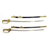 Matched pair of officers dress swords, one with leather sheath, the other with shagreen, both with