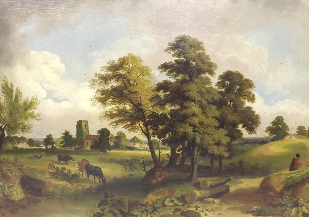 Circle of William T. Such (19th century) - Landscape with cattle beside a stream, a figure on a path