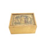 Mauchline ware related - lidded game box with shaker, dice and counters, entitled 'Schimmell or