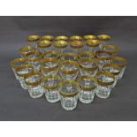 Large quantity of glasses with engraved gold rims by Mulberry to include ten champagne flutes, ten