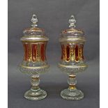 Good pair of hobnail cut glass candy jars with pink and gilded panels alternating with floral