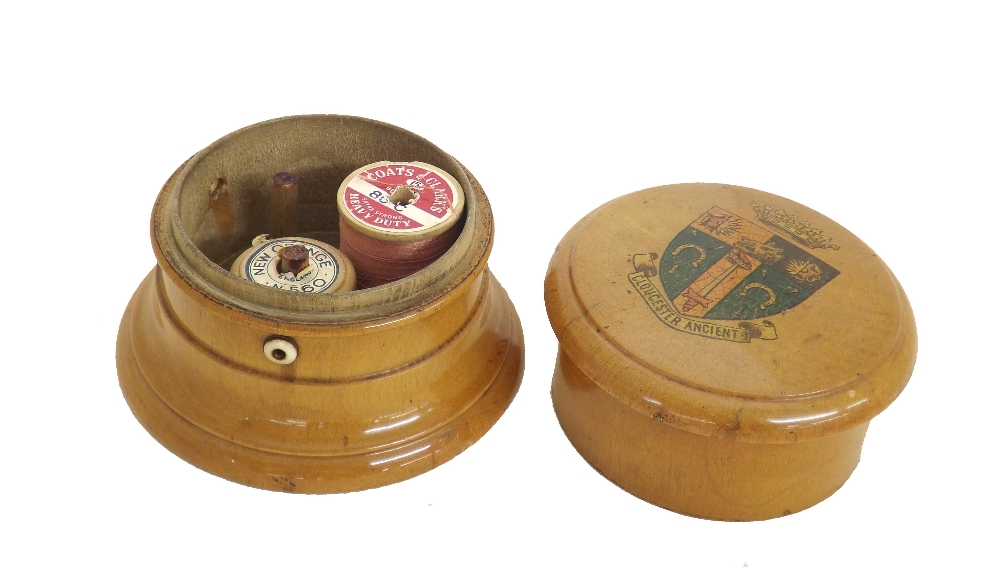 Mauchline ware - three-part circular thread box decorated with Crest and Gloucester Ancient to - Image 2 of 2