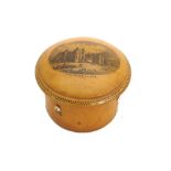 Mauchline ware - circular thread box depicting a transfer of Holyrood Palace, 3.5" diameter (spilt