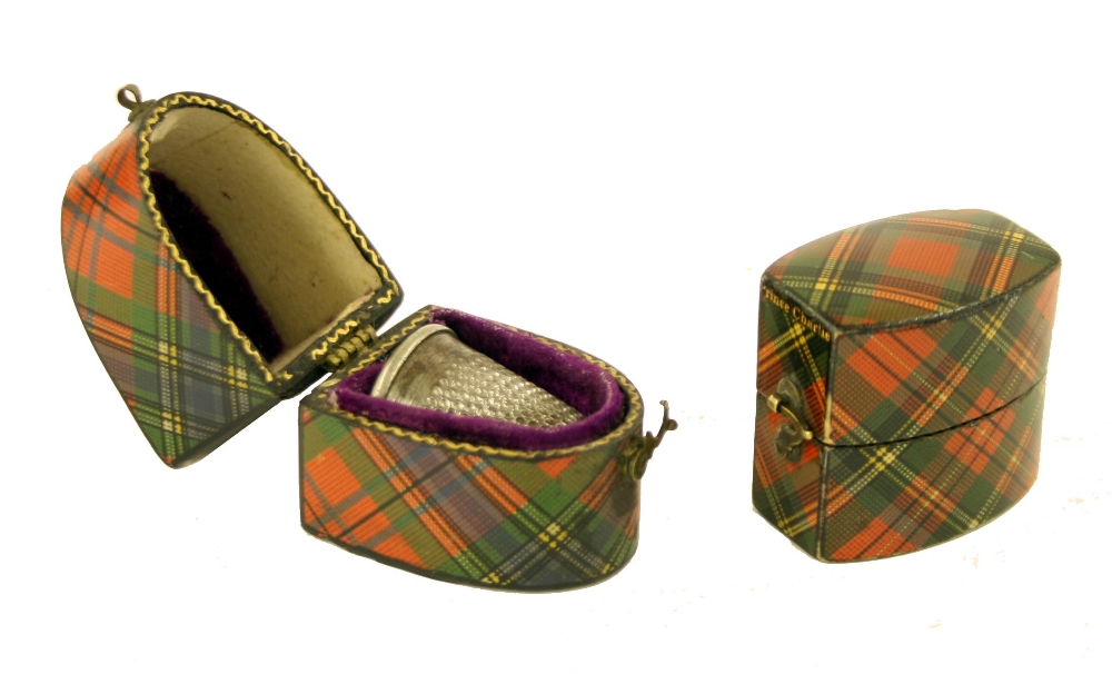 Tartan ware - Prince Charlie pattern ring box; also a McLean pattern thimble box with thimble (2)