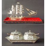 Eastern .99 silver pair of lidded preserve pots upon a tray, with powder blue enamel panels,