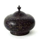 Interesting Eastern enamelled lidded pot, decorated with scrolled bands and black enamelling, 5"