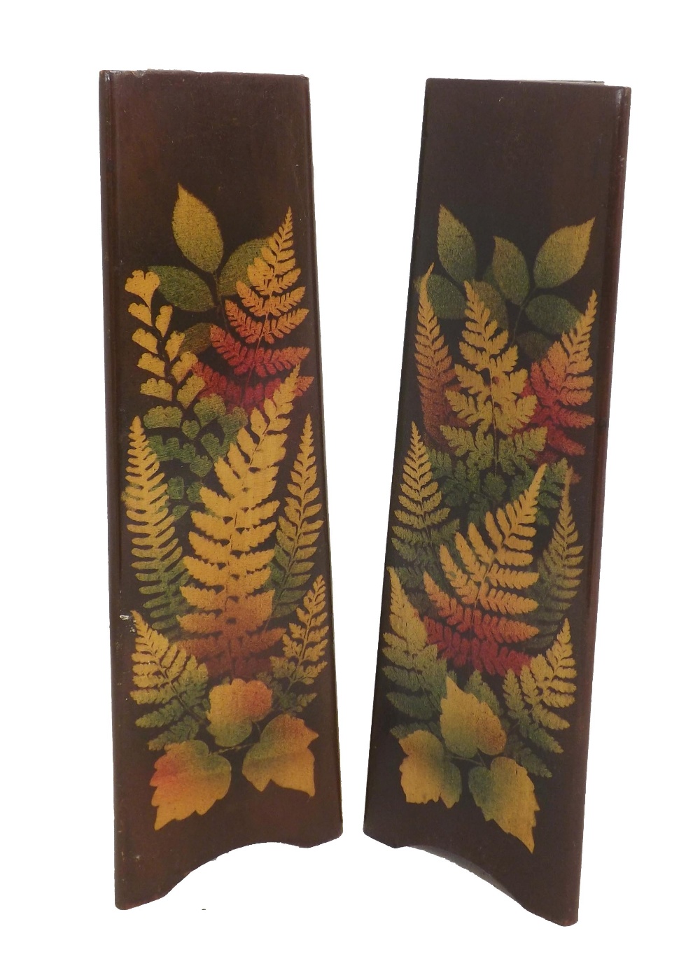 Fern ware - pair of triangular shaped spill vases with coloured ferns, 12.5" high (2)