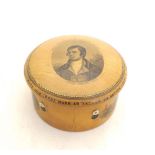 Mauchline ware - Clark & Co. circular thread box, with transfer scenes to the base and a portrait of