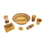 Mauchline ware - basket, egg timer, thimble egg and thimble, mostly decorated with transfers of