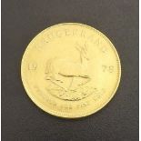 South Africa 1978 Kruggerand gold coin, 34gm