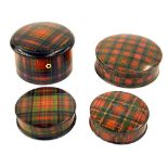 Tartan ware - Calendonia pattern circular thread box, 3" diameter; McDuff pattern powder box and two