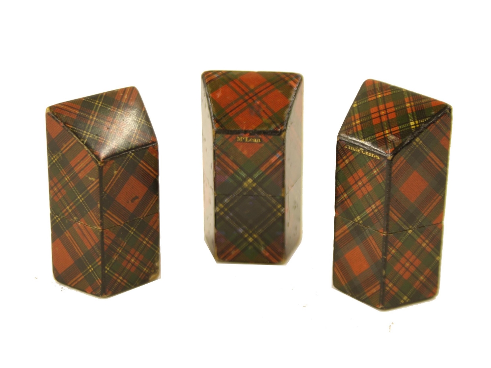 Tartan ware - three sloped top needle packet boxes, in the McLean and Prince Charley patterns,