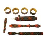 Tartan ware - McLean pattern spectacle case with spectacles, 6.25" long; two paper knives, Prince