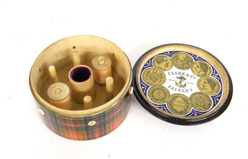 Tartan ware - Caledonia pattern circular thread box with Clark & Co. advertising to lid, 4" - Image 2 of 2