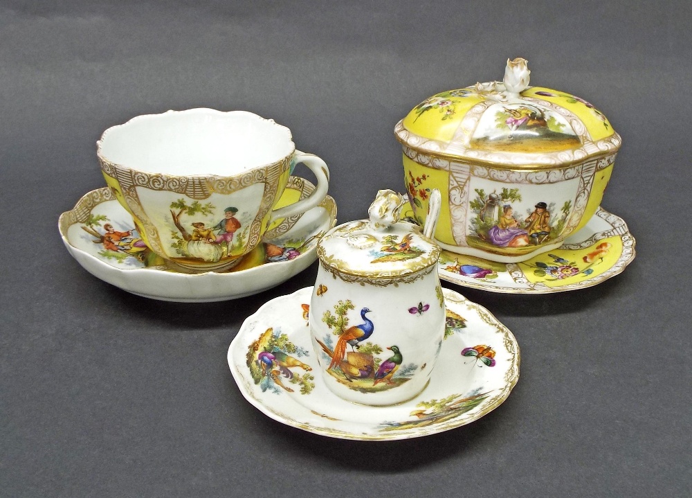 Dresden porcelain cup, cover, spoon and saucer, all decorated with tropical birds and butterflies,