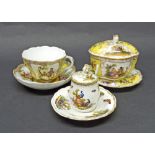 Dresden porcelain cup, cover, spoon and saucer, all decorated with tropical birds and butterflies,