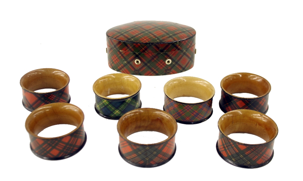 Tartan ware - Prince Charlie pattern Clark & Co. oval thread box, 4.5" wide; together with seven