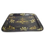 Good Chinese Export black lacquer tray, with typical chinoiserie decoration depicting figures in