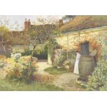 George H Hughes (fl. 1894-1909) - Cottage garden landscape with a girl in a white dress, signed,