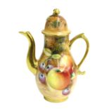 Royal Worcester miniature porcelain coffee pot, painted with grapes and apples, signed, printed