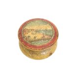 Mauchline ware related - early circular box decorated with a coloured transfer scene to the lid of