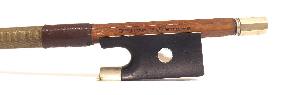 French nickel mounted violin bow by JTL stamped Sarasate Maitre, the stick round, the ebony frog