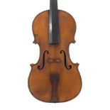 French viola labelled Mansuy 1907, the two piece back of medium curl with similar wood to the