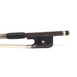 Silver mounted violin bow stamped L. Morizot, the stick round, the ebony frog inlaid with silver