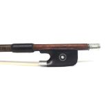 Silver mounted violin bow stamped Louis Bazin, the stick round, the ebony frog inlaid with silver