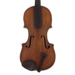 Interesting Milanese style violin, unlabelled, the one piece back of plainish wood with similar wood
