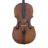 Interesting 18th century violoncello bearing an indecipherable label, the two piece back of plainish