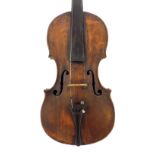 Late 18th century German violin, indistinctly labelled, the two piece back of very faint medium curl