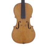 18th century English three-quarter size violoncello, the two piece back of plainish wood with