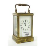 Richard & Co. repeater carriage clock striking on a gong, within a corniche brass case, 6" high