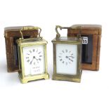 Two carriage clock timepieces, within corniche brass cases, both 6" high and within outer travelling