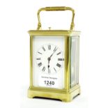 French repeater Henri Jacot carriage clock striking on a gong, within a corniche brass case, 6.5"