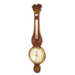 Mahogany inlaid banjo barometer/thermometer, the 8" silvered dial signed Aiano, Canterbury, within a