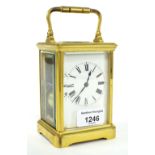 French Jacot carriage clock striking on a gong, within a corniche gilt brass case, 6.5" high