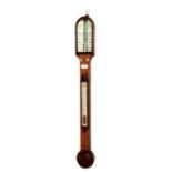 Oak stick barometer/thermometer, the ivorine angled scale signed J.M. Bryson, 60 Princes Street,