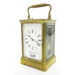 French repeater Henri Jacot carriage clock striking on a gong, within a corniche brass case, 7"