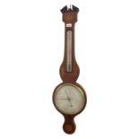 Mahogany inlaid banjo barometer/thermometer, the 9" silvered dial signed A. Gugeri & Belotti, 15