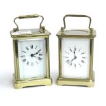 Two carriage clock timepieces, in corniche brass cases, both 6" high (2)